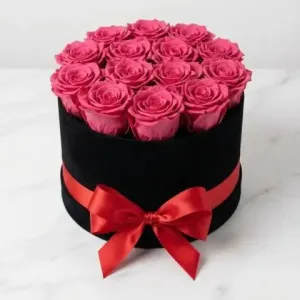 Elegant luxury gift box filled with 12 fresh premium pink roses and a satin ribbon by Athens Flower Shop